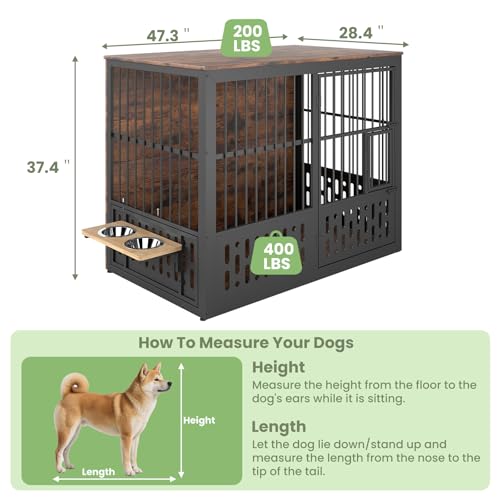 48 Inch XXL Dog Crate Furniture, Wooden Chewproof Dog Kennel with Interactive Window, 360° Adjustable Bowls (5 Heights), Storage Table Top, Heavy Duty XL Dog Crate for Medium Large Dogs, Brown