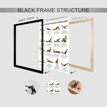 Core Strengthening Workout Poster, 16 Illustrated Abdominal Training Chart with Timing & Rep Guides, Bodyweight Abs & Obliques Exercise Reference for Home Gym Beginner Core Stability Fitness Routine(12x18inchs，Black Framed)