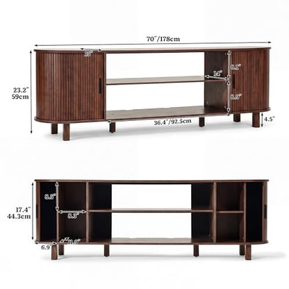 70" Mid Century TV Stand with Fluted Sliding Doors, Walnut
