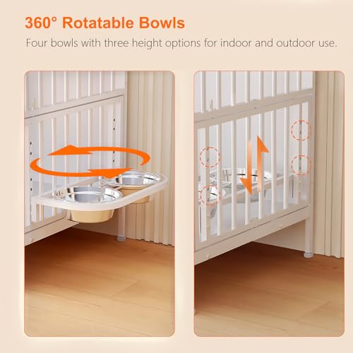 74.8” Dog Crate Furniture for 2 Dogs, Wooden Dog Kennel Indoor with Dog Bowls, Extra Large Double Doors Dog Crate TV Stand, Dog Kennel with Divider, White and Walnut
