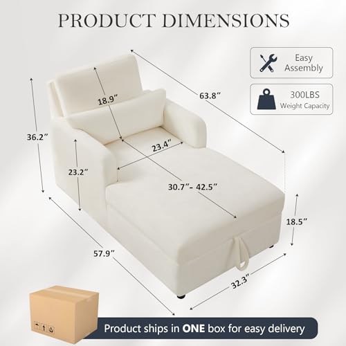 58" Oversized Chaise Lounge Chair with Storage, Chenille Beige