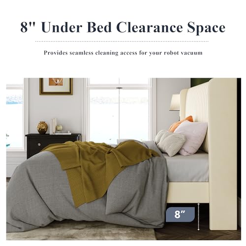 Full Size Velvet Bed Frame/Vertical Channel Tufted Wingback Headboard/Upholstered Platform Bed/Strong Wooden Slats/No Box Spring Needed/Easy Assembly/Cream White