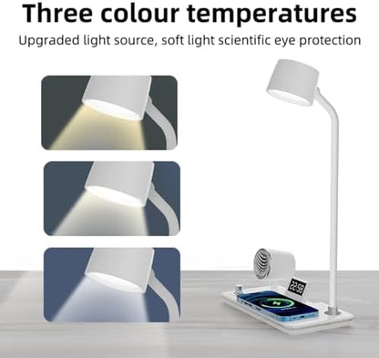 AYI Multifunctional Desk Lamp with Wireless Charger, Bluetooth Speaker, Digital Alarm Clock, Dimmable RGB LED, Brightness & Angle Adjustable for Home Office Bedroom, HYT1772 White.