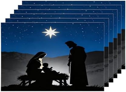 Shrahala White Christmas Christian Baby Set of 6 12 X 18 Inch Linen Placemats, Light Purple Bethlehem Star Burlap Table Mat Washable Double Layered Heat Insulation for Indoor/Outdoor