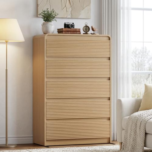 Oak Fluted 5 Drawer Dresser for Bedroom,47" Tall Modern Chest of Drawer | Curved Profile Design, Anti-Tip Kit, Smooth Slides, Wood Mid Century Storage Dresser Organizer for Living Room, Entryway