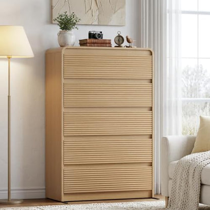 Oak Fluted 5 Drawer Dresser for Bedroom,47" Tall Modern Chest of Drawer | Curved Profile Design, Anti-Tip Kit, Smooth Slides, Wood Mid Century Storage Dresser Organizer for Living Room, Entryway