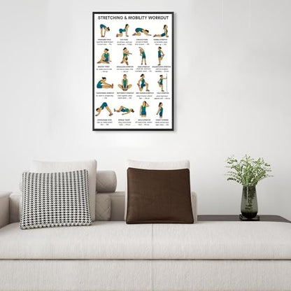 Stretching & Mobility Workout Poster, 16 Illustrated Full-Body Flexibility Chart with Hold Timing Guides, Bodyweight Daily Stretch Reference for Post-Workout Recovery & Joint Mobility Improvement(16x24inchs，Black Framed)