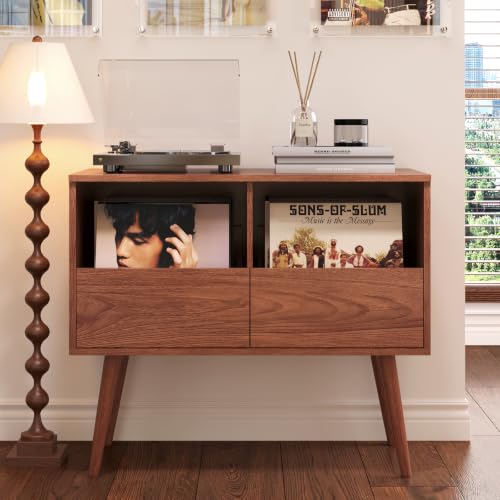 Mid Century Modern Record Player Stand with Vinyl Storage, Brown | Turntable Stand with Solid Wood Legs, 7“/10"/12" Vinyl Record Storage Cabinet, for Living Room, Music Corner