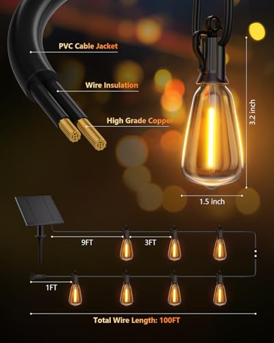 100FT Solar String Lights Outdoor Waterproof with Remote, 31+2 LED Shatterproof Bulbs, Dimmable & Timable, 3 Light Modes - Commercial Grade Patio Lights for Garden Backyard Party Decor