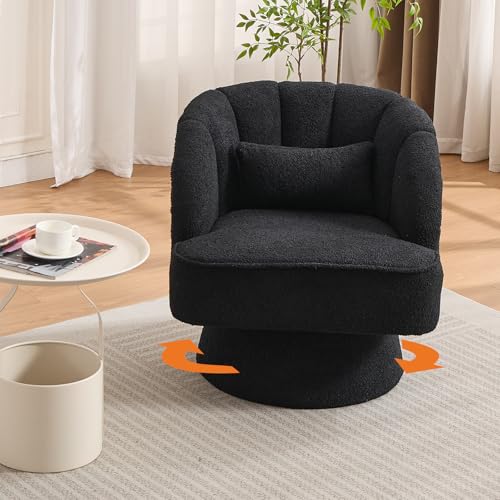 Modern Swivel Barrel Accent Chair, 360° Teddy Fabric Upholstered Armchair with Striped Backrest & Plush Padding, Comfy Round Lounge Chair for Living Room, Bedroom, Reading Nook, Black