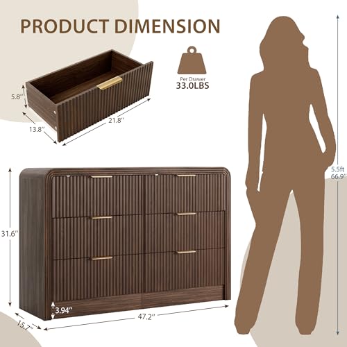 47" W Fluted 6-Drawer Dresser for Bedroom, Walnut