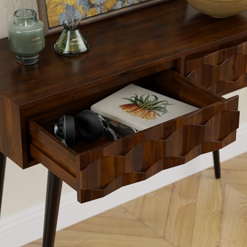 Console Modern Mid-Century 2 Drawers, Unique Geometric Design Sofa Table for Entryway, Hallway, Living Room, Walnut