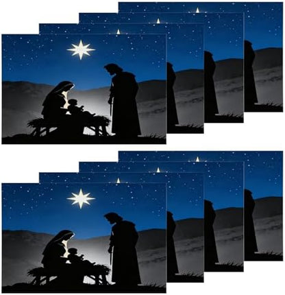 Shrahala White Christmas Christian Baby Set of 8 12 X 18 Inch Linen Placemats, Light Purple Bethlehem Star Burlap Table Mat Washable Double Layered Heat Insulation for Indoor/Outdoor