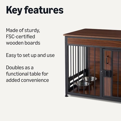Furniture Style Dog Crate, Sturdy Wooden Pet Kennel, End Table with Space for Pet, Two Bowls Included, 30" x 20.4" x 23.6", Walnut