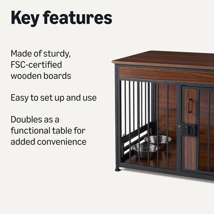 Furniture Style Dog Crate, Sturdy Wooden Pet Kennel, End Table with Space for Pet, Two Bowls Included, 30" x 20.4" x 23.6", Walnut