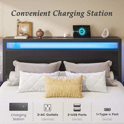 Queen Bed Frame with Storage, Wood Headboard with Fast Charging Station, LED Lights, Platform Bed Frame Queen Size, Fabric Drawers with Wheels, No Box Spring Needed, Noise Free, Black