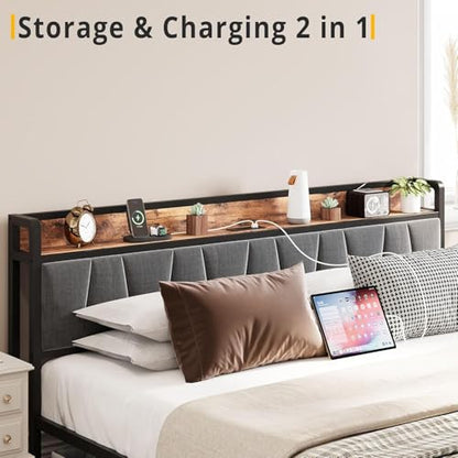 King Size Bed Frame with 2 Drawers and Charging Station | Platform Bed with Upholstered Storage Headboard, No Box Spring Needed, Easy Assembly, Sturdy, Industrial Brown and Gray