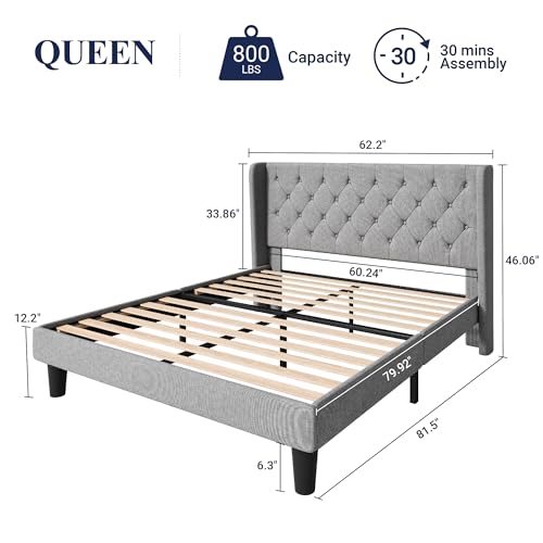 Queen Bed Frame with Button Tufted Wingback Headboard, Light Grey