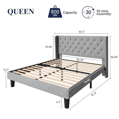 Queen Bed Frame with Button Tufted Wingback Headboard, Light Grey