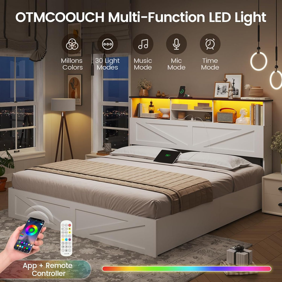 Farmhouse Queen Bed Frame with 4 Storage Drawers and Led Lights, Wooden Bed Frame Queen Size with Hidden Space Bookcase Headboard and Led Lights & Metal Slats, White