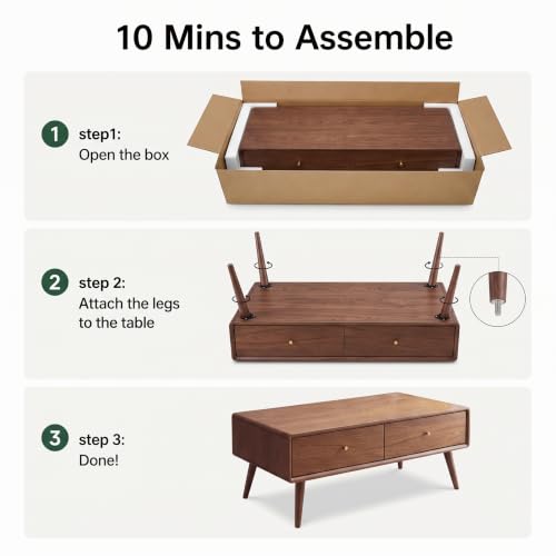 100% Oak Wood Coffee Table, Mid Century Modern Living Room Table | Coffee Table with 4 Drawers and Storage Shelf, Oak Wood Furniture for Home, 47.24''