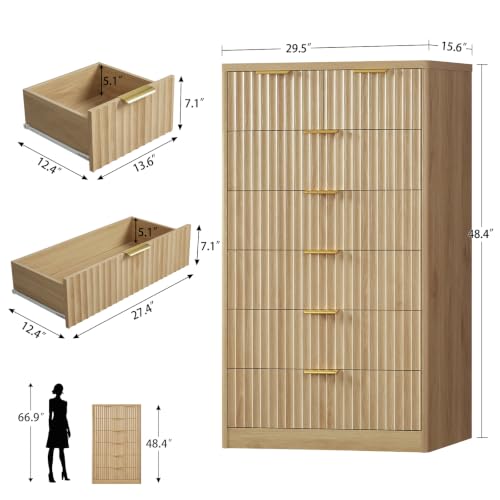 48" Tall Dresser for Bedroom with 7 Drawers, Dressers & Chests of Drawers with Metal Handle, Fluted Dresser, Wood Closet Clothes Storage Organizer for Bedroom, Hallway, Natural