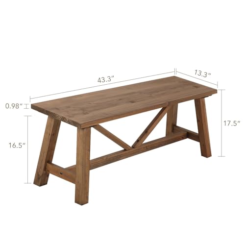 43" Farmhouse Solid Wood Bench, Narrow Long Seat, Natural