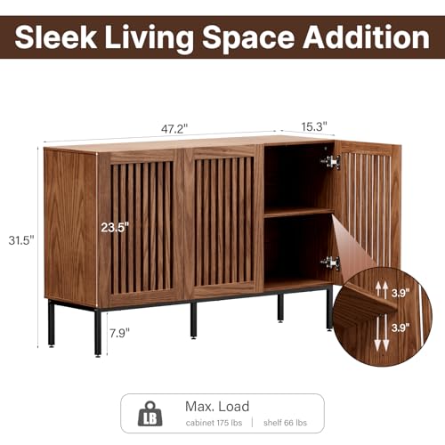 Modern Storage Cabinet with Slatted Doors,Sideboard Buffet Cabinet with Adjustable Shelf and Metal Legs for Kitchen,Dining Room,Living Room,47 Inch, Brown
