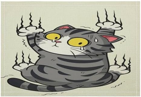 Cute Cat Stretching with Claws Out Linen Placemats Set of 4PCS, Heat Resistant Non-Slip Washable Table Placemats for Dining Everyday Use Hotel Banquet Home Decor