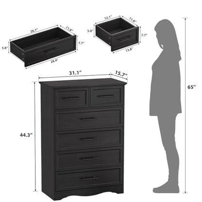 Black 6 Drawer Dresser for Bedroom, 44" Tall Chest of Drawers