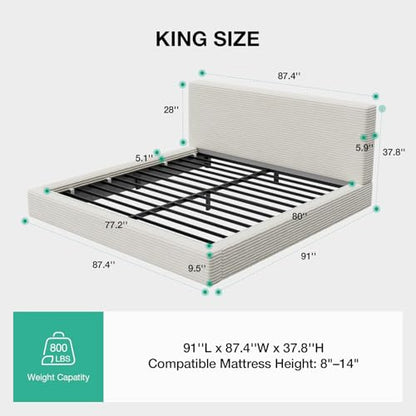 King Size Bed Frame, Plush CloudSoft Bed, Corduroy Upholstered Platform Bed Frame with Headboard, Easy Assembly, No Box Spring Needed, Modern Soft Bed Frame, White