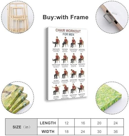 Tai Chi Chair Workouts for Men Chair Exercise Chart Home Workout Plan Canvas Poster Wall Art for Living Room Bedroom Decor Frame 16x24inch