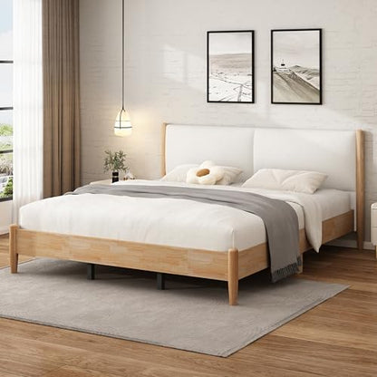 Raven Modern California King Size Bed Frame with Upholstered Headboard, Natural Wood California King Size Platform Bed Frame, No Box Spring Needed, Easy Assembly, White+Natural