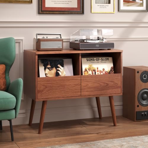Mid Century Modern Record Player Stand with Vinyl Storage, Brown | Turntable Stand with Solid Wood Legs, 7“/10"/12" Vinyl Record Storage Cabinet, for Living Room, Music Corner