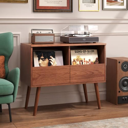 Mid Century Modern Record Player Stand with Vinyl Storage, Brown | Turntable Stand with Solid Wood Legs, 7“/10"/12" Vinyl Record Storage Cabinet, for Living Room, Music Corner