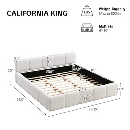 California King Boucle Platform Bed, Headboard and Footboard, White