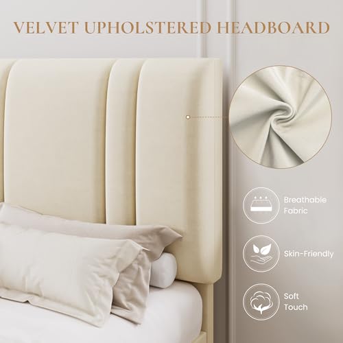 Queen Size Velvet Bed Frame with Adjustable Headboard, Cream