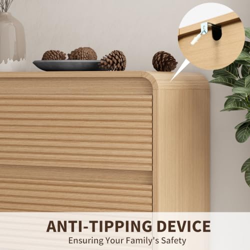 Oak Fluted 5 Drawer Dresser for Bedroom,47" Tall Modern Chest of Drawer | Curved Profile Design, Anti-Tip Kit, Smooth Slides, Wood Mid Century Storage Dresser Organizer for Living Room, Entryway