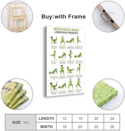 Resistance Band Lower Body Workout Chart Glute And Leg Exercises Women Home Gym Canvas Poster Wall Art for Living Room Bedroom Decor Frame 12x18inch