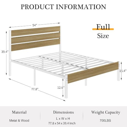 Full Size Bed Frame - Heavy-Duty Metal Platform with Wood Headboard, No Box Spring Needed, Natural Wood