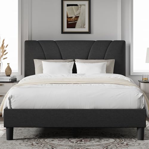 Queen Bed Frame with Headboard, Bed Frame Queen Size with Wood Slats Support,Linen Upholstered Adjustable Headboard, No Box Spring Needed, Heavy Duty Feet, Easy Assembly, Dark Grey