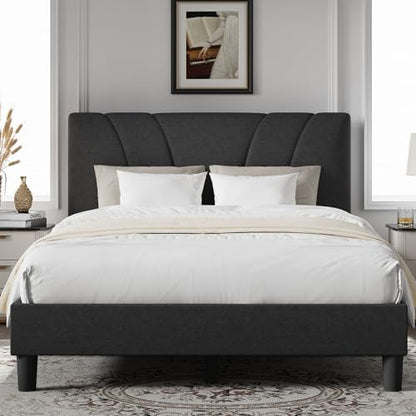 Queen Bed Frame with Headboard, Bed Frame Queen Size with Wood Slats Support,Linen Upholstered Adjustable Headboard, No Box Spring Needed, Heavy Duty Feet, Easy Assembly, Dark Grey