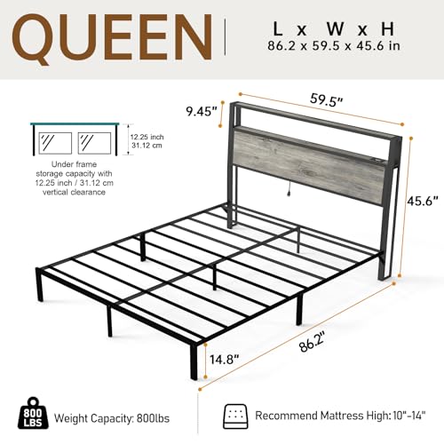 Queen Size Bed Frame with 2-Tier Storage Headboard, Rustic Grey | Wooden headboard with LED lights, built-in charging station, No Box Spring Needed, Noise Free, Easy Assembly, Modern Bedroom