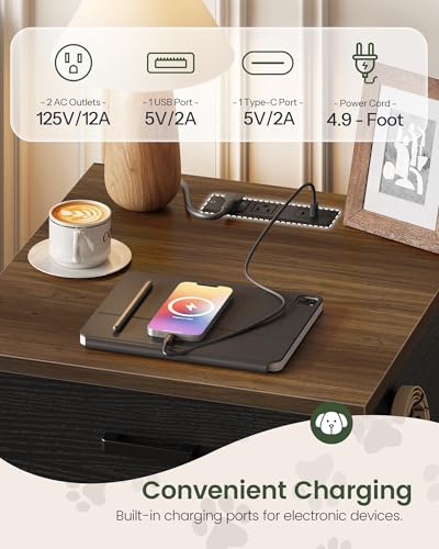 Dog Crate Furniture, Wooden Dog Kennel with Charging Station and Storage Drawer, Indoor Pet Crate End Table for Small Breeds,Dog Cage for Living Room, Bedroom, Black and Walnut MGW01UBL