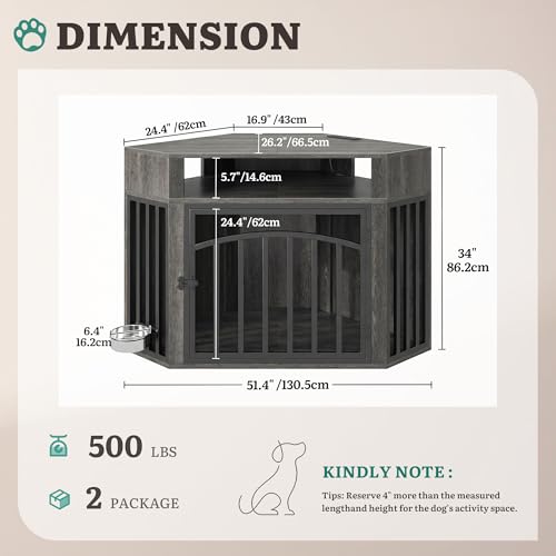 52" Corner Dog Crate Furniture with LED Light & Power Outlets