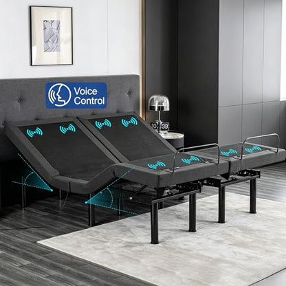 Split King Adjustable Bed Frame with Massage, 14 Inch Grey Gel Memory Foam Medium Firm Mattress in Box, Bed Base with Thickened Foam Frame, Adjustable legs, Voice control, Anti-Snore/0 Gravity