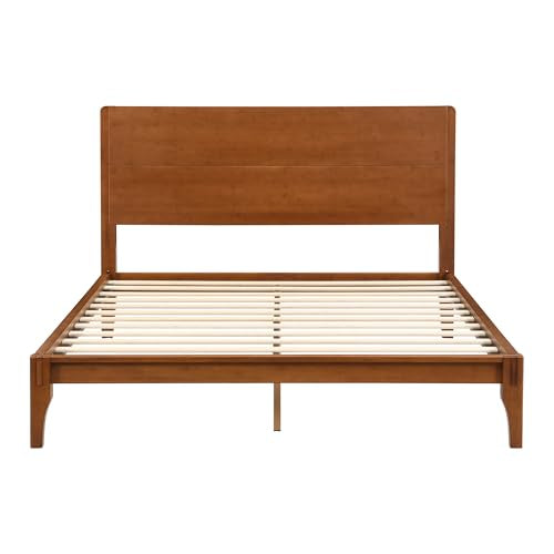 Queen Bamboo Platform Bed Frame with Tall Headboard, Warm Brown