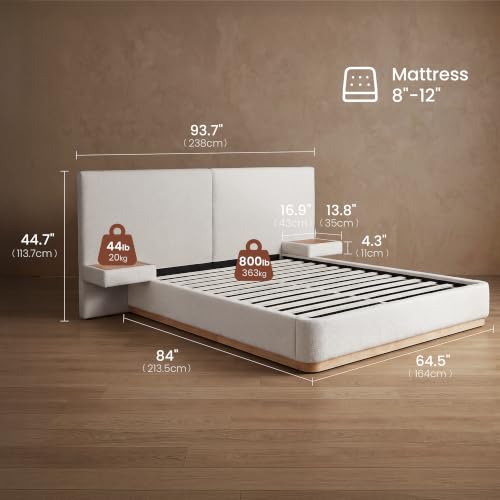 Queen Bed Frame, Upholstered Platform Bed Frame with Large Curved Headboard & 2 Floating Shelves, Noise-Free, No Box Spring Needed, Easy Assembly, Beige