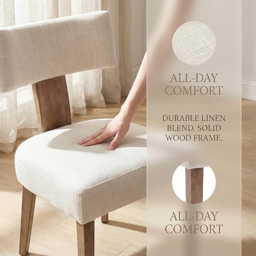 Mid Century Modern Dining Chairs Set of 6, Upholstered Linen Kitchen & Dining Room Chairs with Ergonomic Curved Backrest, Solid Wood Legs, Farmhouse Accent Chair for Home, Apartment, Beige