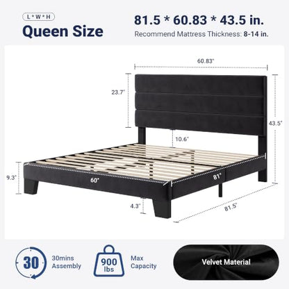 Queen Size Platform Bed Frame with Velvet Upholstered Headboard